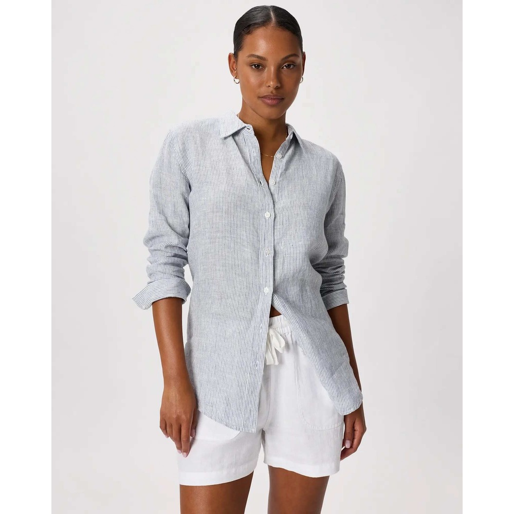 Womens Linen Pinstripe Button Up Shirt Blue White Long Sleeve Relaxed Top NWT L